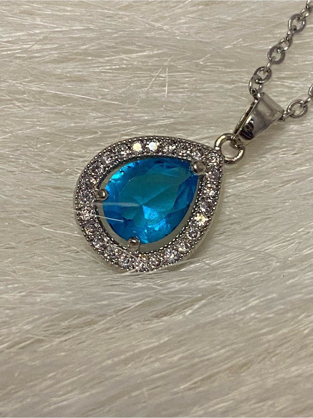 White Gold Austrian Blue Crystal Teardrop Halo Necklace - Nikola Valenti